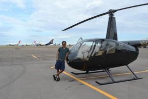 Divyank posing next to the helicopter he did not fly from NYC to LA.