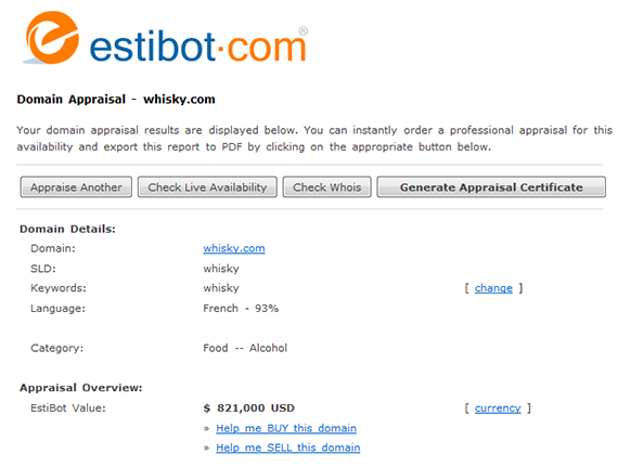 Whisky.com valuation at Estibot and Valuate.com