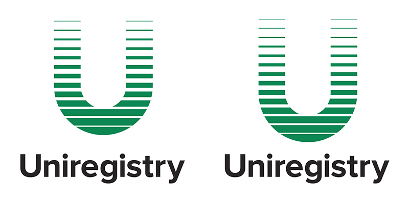 The old Uniregistry logo (left) and the new Uniregistry logo (right) 