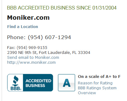 Moniker's BBB accreditation status as it is now.