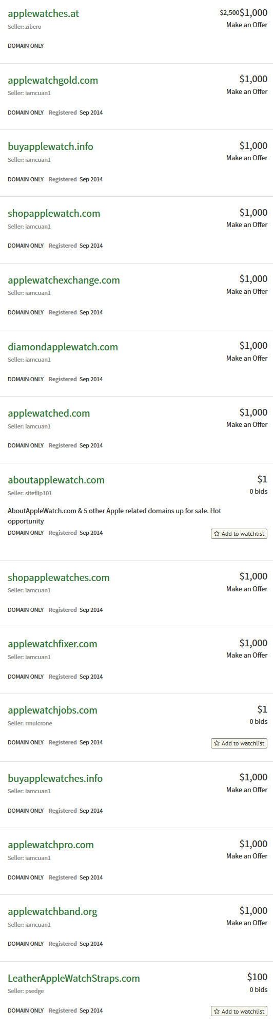 "AppleWatch" domains listed for sale on Flippa.com