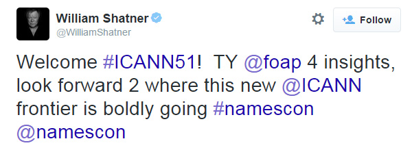 William Shatner's tweet about NamesCon. 