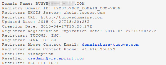 WHOIS for a domain registered at Vistaprint.