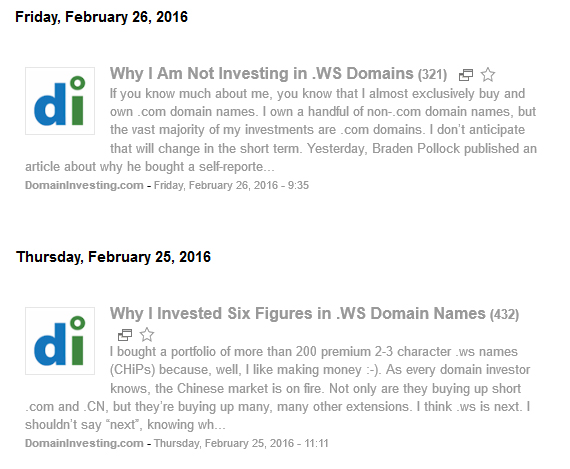 Domain Investing articles on .WS investments. 