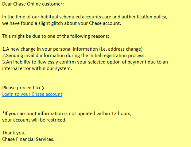 An example of a phishing email targeting Chase customers.