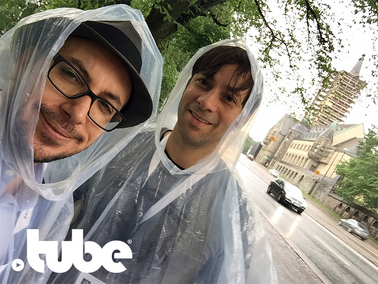 Jason Schaeffer and Constantine Roussos of .Music enjoy the cold rain during ICANN56 in Helsinki, Finland.