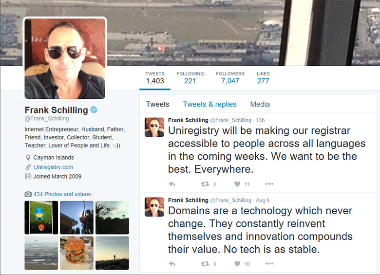 Frank Schilling's account on Twitter has been verified. 