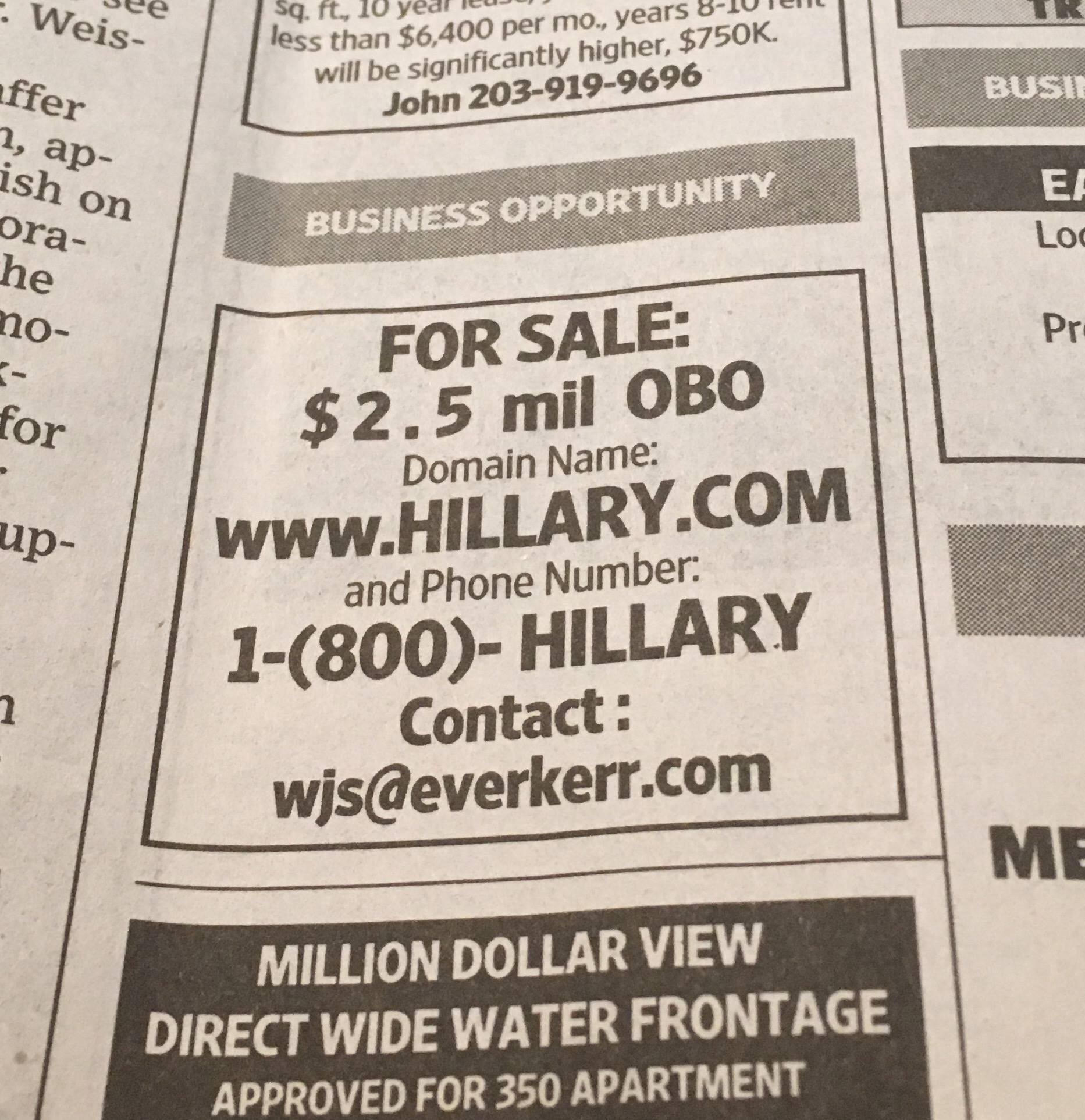 Hillary.com - For sale via a WSJ ad.