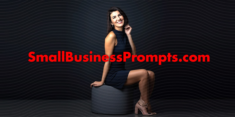 Small Business Prompts: a business woman with short tight dress and folded legs, smiling suggestively 